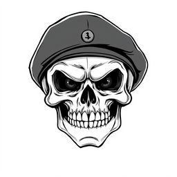 A front-facing, realistic cartoonish angry skull wearing a black army beret, illustrated in a compelling black and white sketch style