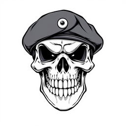 A front-facing, realistic cartoonish angry skull wearing a black army beret, illustrated in a compelling black and white sketch style