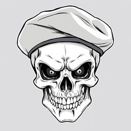 A front-facing, realistic cartoonish angry skull wearing a black army beret, illustrated in a compelling black and white sketch style