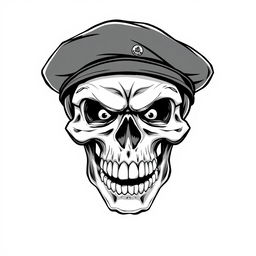 A front-facing, realistic cartoonish angry skull wearing a black army beret, illustrated in a compelling black and white sketch style