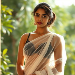 An elegant Indian actress, wearing a beautifully draped transparent white saree that subtly reveals her intricate black bra underneath, capturing a blend of traditional and modern style