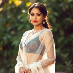 An elegant Indian actress, wearing a beautifully draped transparent white saree that subtly reveals her intricate black bra underneath, capturing a blend of traditional and modern style