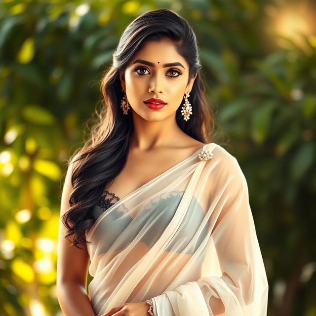 An elegant Indian actress, wearing a beautifully draped transparent white saree that subtly reveals her intricate black bra underneath, capturing a blend of traditional and modern style