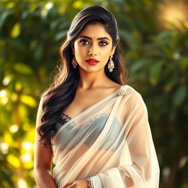 An elegant Indian actress, wearing a beautifully draped transparent white saree that subtly reveals her intricate black bra underneath, capturing a blend of traditional and modern style