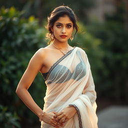 An elegant Indian actress, wearing a beautifully draped transparent white saree that subtly reveals her intricate black bra underneath, capturing a blend of traditional and modern style