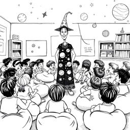 A whimsical black and white drawing of a classroom setting filled with eight and nine year old students, sitting comfortably on colorful beanbags