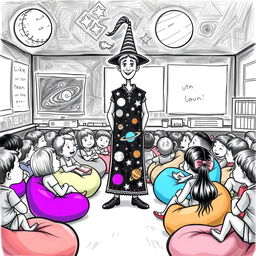 A whimsical black and white drawing of a classroom setting filled with eight and nine year old students, sitting comfortably on colorful beanbags