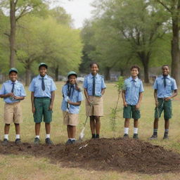 A group of diverse scouts in uniform, planting trees and cleaning up a park, symbolizing their contribution to a better world.