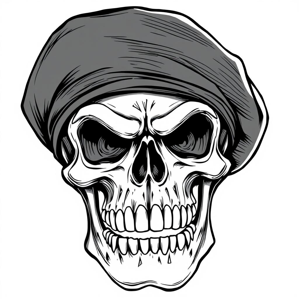 A front-facing, realistic cartoonish angry skull without eyes, wearing a black army beret, illustrated in striking black and white sketch style