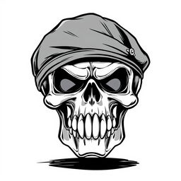 A front-facing, realistic cartoonish angry skull without eyes, wearing a black army beret, illustrated in striking black and white sketch style