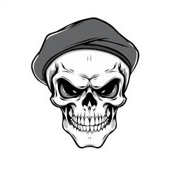 A front-facing, realistic cartoonish angry skull without eyes, wearing a black army beret, illustrated in striking black and white sketch style