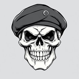 A front-facing, realistic cartoonish angry skull without eyes, wearing a black army beret, illustrated in striking black and white sketch style