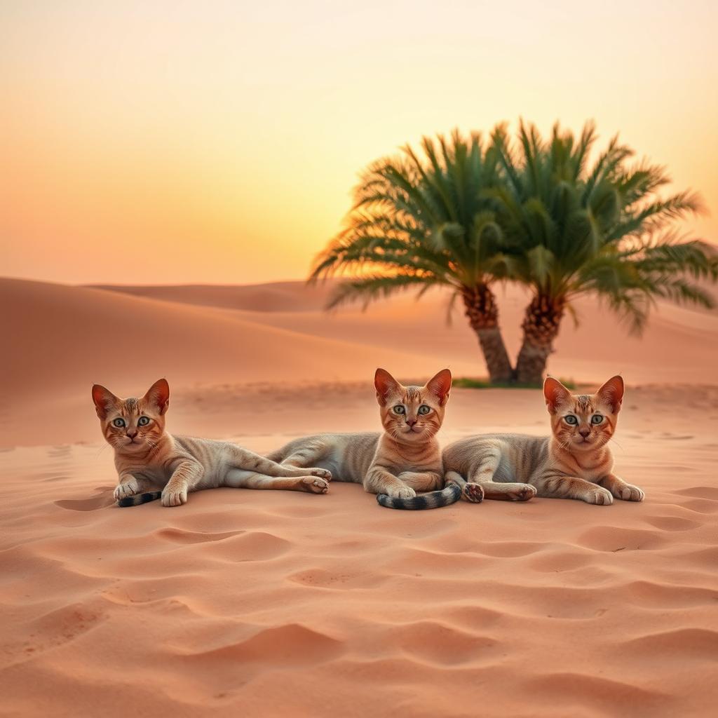 Three sand cats lounging playfully in the Arabian desert during a serene evening