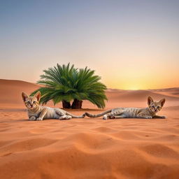 Three sand cats lounging playfully in the Arabian desert during a serene evening