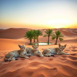 Three sand cats lounging playfully in the Arabian desert during a serene evening