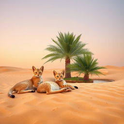 Three sand cats lounging playfully in the Arabian desert during a serene evening