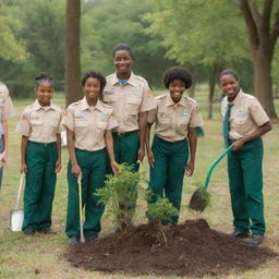 A group of diverse scouts in uniform, planting trees and cleaning up a park, symbolizing their contribution to a better world.