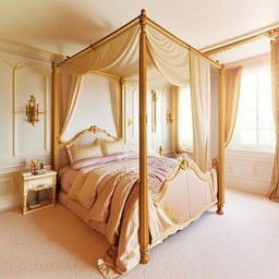 A bedroom designed like a princess's royal chamber, filled with luxurious fabrics, a four-poster bed, elegant furniture, and accents of gold and pastel colors.