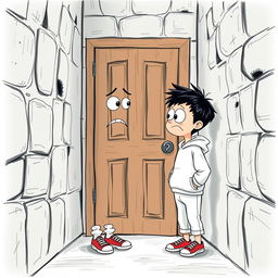 A whimsical and imaginative scene featuring a 9-year-old boy with black hair, dressed in a casual sweatshirt, pants, and sneakers