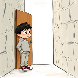 A whimsical and imaginative scene featuring a 9-year-old boy with black hair, dressed in a casual sweatshirt, pants, and sneakers