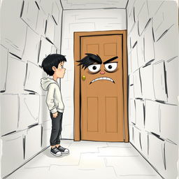 A whimsical and imaginative scene featuring a 9-year-old boy with black hair, dressed in a casual sweatshirt, pants, and sneakers