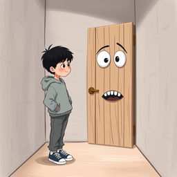 A whimsical scene of a 9-year-old boy with black hair, dressed in a cozy sweatshirt, pants, and sneakers, standing in a hallway with textured stone walls