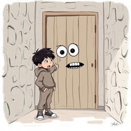 A whimsical scene of a 9-year-old boy with black hair, dressed in a cozy sweatshirt, pants, and sneakers, standing in a hallway with textured stone walls