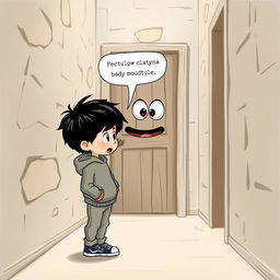 A whimsical scene of a 9-year-old boy with black hair, dressed in a cozy sweatshirt, pants, and sneakers, standing in a hallway with textured stone walls