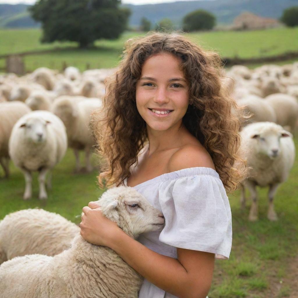 A happy Dominican girl with wavy, shoulder-length brown hair, enjoying a day on a bustling farm, filled with fluffy sheep and watchful shepherds draped in pastoral serenity