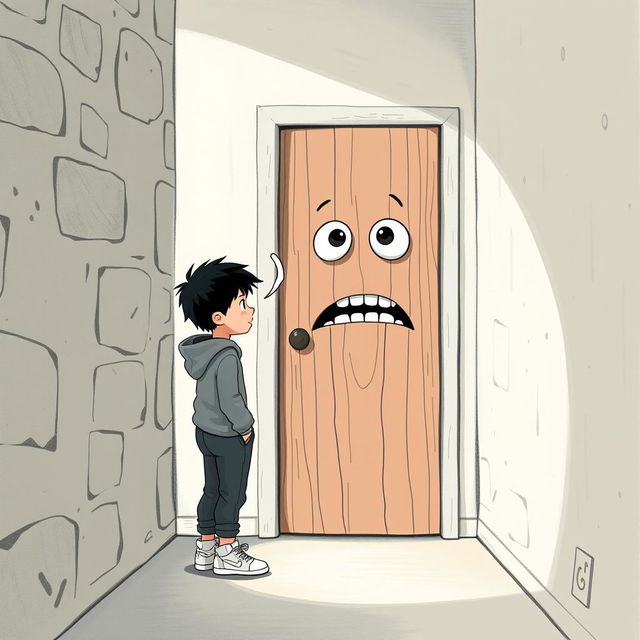 A whimsical scene of a 9-year-old boy with black hair, dressed in a cozy sweatshirt, pants, and sneakers, standing in a hallway with textured stone walls