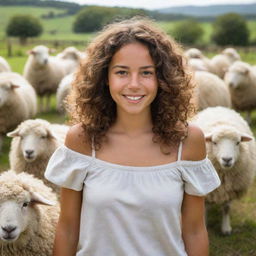 A happy Dominican girl with wavy, shoulder-length brown hair, enjoying a day on a bustling farm, filled with fluffy sheep and watchful shepherds draped in pastoral serenity