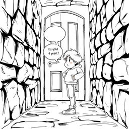 A charming black and white illustration depicting a 9-year-old boy wearing a casual sweatshirt, pants, and sneakers