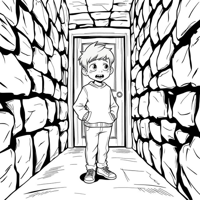 A charming black and white illustration depicting a 9-year-old boy wearing a casual sweatshirt, pants, and sneakers