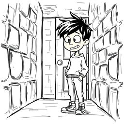 A playful black and white drawing depicting a 9-year-old boy with black hair, wearing a casual sweatshirt, pants, and sneakers