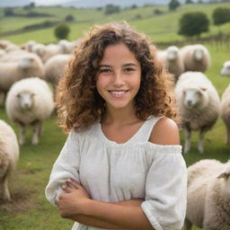 A happy Dominican girl with wavy, shoulder-length brown hair, enjoying a day on a bustling farm, filled with fluffy sheep and watchful shepherds draped in pastoral serenity