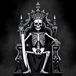 A striking black and white illustration of a skeletal king seated on a grand throne, adorned with an intricate crown