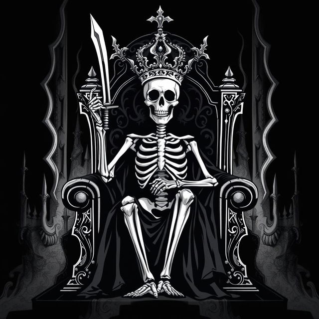 A striking black and white illustration of a skeletal king seated on a grand throne, adorned with an intricate crown