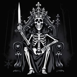 A striking black and white illustration of a skeletal king seated on a grand throne, adorned with an intricate crown