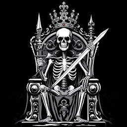 A striking black and white illustration of a skeletal king seated on a grand throne, adorned with an intricate crown