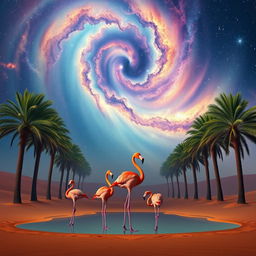 Five elegant flamingos standing gracefully at a serene oasis surrounded by tall, lush palm trees in the expansive Arabian desert