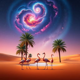 Five elegant flamingos standing gracefully at a serene oasis surrounded by tall, lush palm trees in the expansive Arabian desert