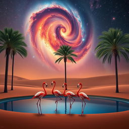 Five elegant flamingos standing gracefully at a serene oasis surrounded by tall, lush palm trees in the expansive Arabian desert