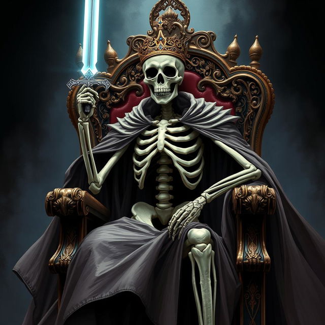 A dramatic full-view illustration of a skeletal king clad in a flowing cape, seated on an ornate throne