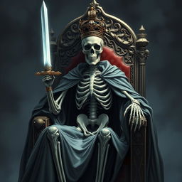 A dramatic full-view illustration of a skeletal king clad in a flowing cape, seated on an ornate throne