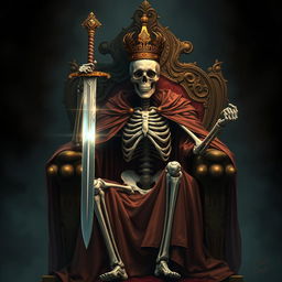 A dramatic full-view illustration of a skeletal king clad in a flowing cape, seated on an ornate throne