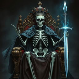 A dramatic full-view illustration of a skeletal king clad in a flowing cape, seated on an ornate throne