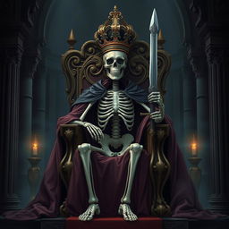 A full-view illustration of a regal skeletal king seated majestically on an ornate throne