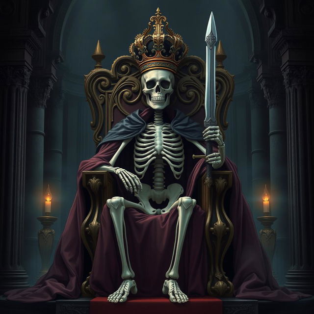 A full-view illustration of a regal skeletal king seated majestically on an ornate throne