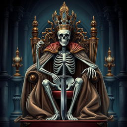 A full-view illustration of a regal skeletal king seated majestically on an ornate throne