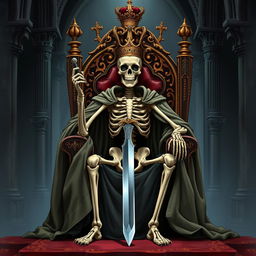 A full-view illustration of a regal skeletal king seated majestically on an ornate throne